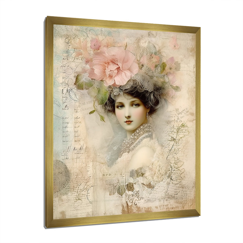 Victorian Lady Pink Roses, impression rustique sur toile, H 20 po x l 12 po x P 1 po, Cadre doré simple