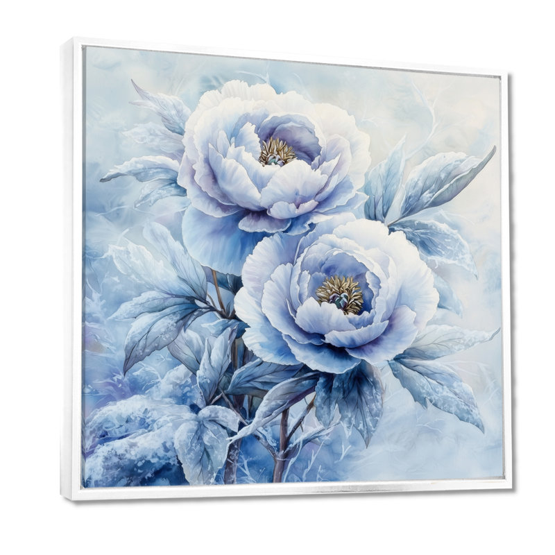 Pivoine bleue glacée - art mural pivoines, Impression encadrée flottante, H 16 po x l 16 po, Blanc