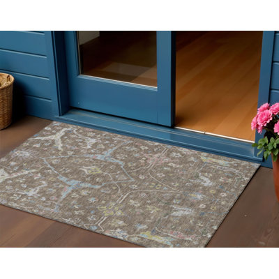 Tapis intérieur/extérieur lavable à motifs floraux brun, bleu et ivoire, 90 x 150 cm