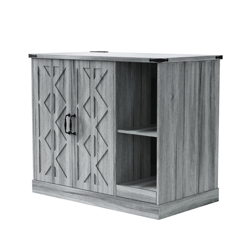 Enceinte de litière pour chat, prise de courant, bac de récupération et rangement réglable. Conception grise, crochets de porte pour suspendre des fournitures pour animaux, boîtes intelligentes à ajustement universel, motif géométrique sur les portes, conception