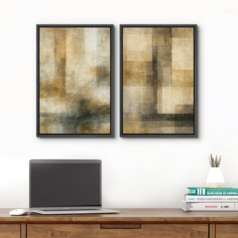 Art mural abstrait, ensemble de 2 reproductions d'art encadrées sur toile, Noir, H 24 po x l 32 po