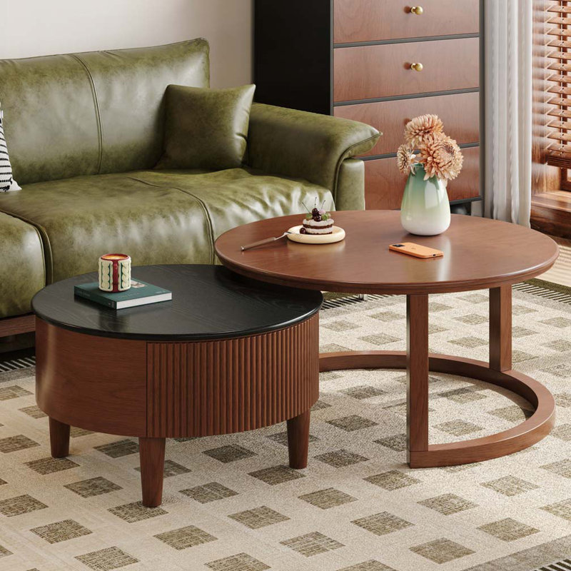 Round Nesting Coffee Table Fluted with Drawer