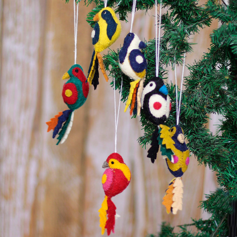 Handcrafted Multicolor Wool Felt Parakeet Ornaments Set of 6