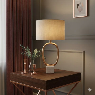 D14x28,5 "Lampe de table ovale en métal découpé avec abat-jour en lin crème