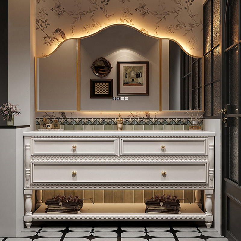 Smart bathroom cabinet retro American style, White, 31.89" H x 59.06" W x 21.65" D