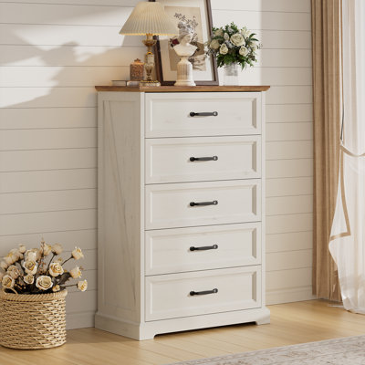 Farmhouse 5-Drawer Dresser, 47'' Tall Chest of Drawer with Arched Base for Bedroom