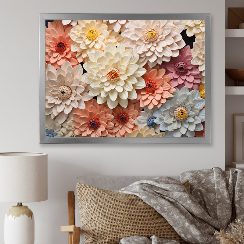 Sunnit Blooms Zinnias Flowers sur toile, Cadre simple argenté, H 24 po x l 32 po x P 1 po
