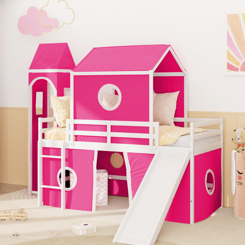 Lit simple mezzanine rose avec toboggan, tente et tour - Bois massif, conception de maisonnette, tour de couloir sous circulation d'air, tente à l'intérieur, construction, conception de fenêtre pour le plaisir
