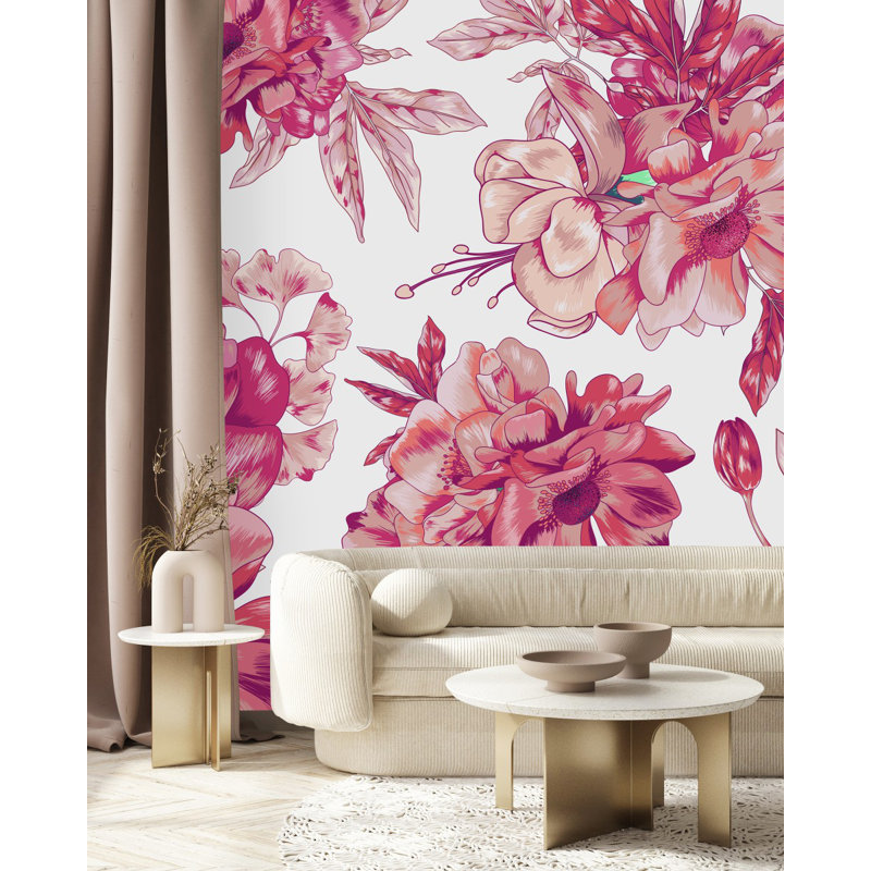 Panneau de papier peint à fleurs roses L 8,33 pi x l 100 po