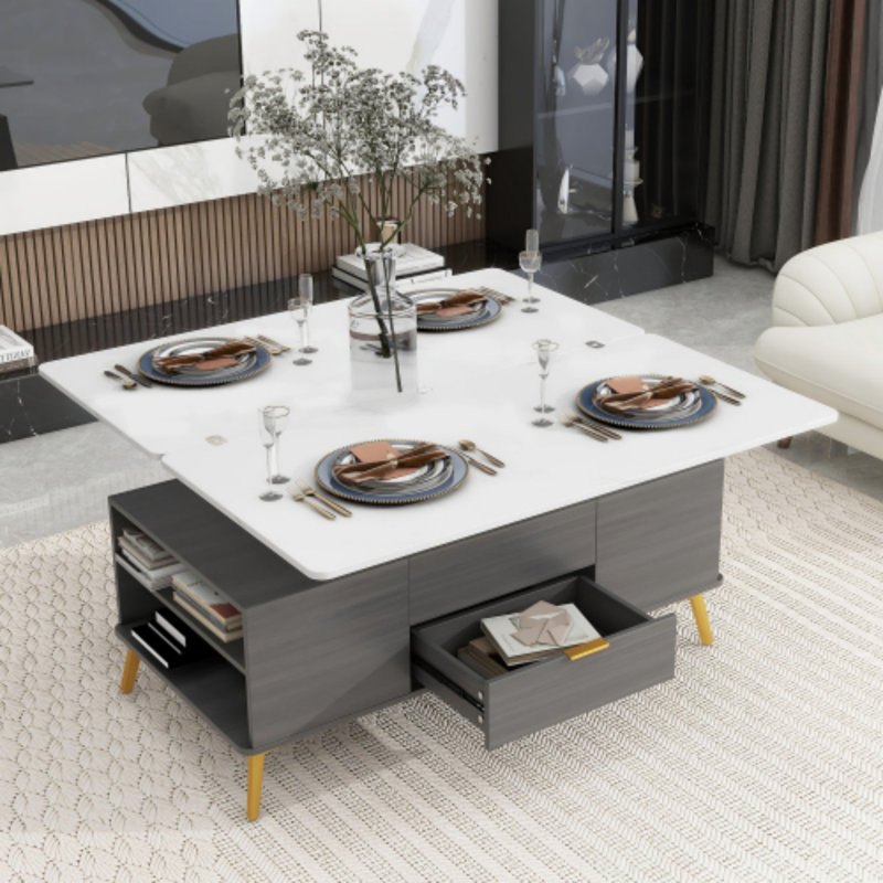 Table basse à plateau relevable Bowlus, table basse, table de salon à 4 pieds et rangement, Gris