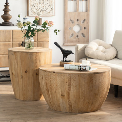 Vintage Bucket Style Coffee Table (two). Wood - Fir & . Storage Feature. 220 Lbs Load Capacity. No Assembly. Simple Cleaning With Antique Oil. Natural Look Retro Shaped 2 Pieces. Construction.