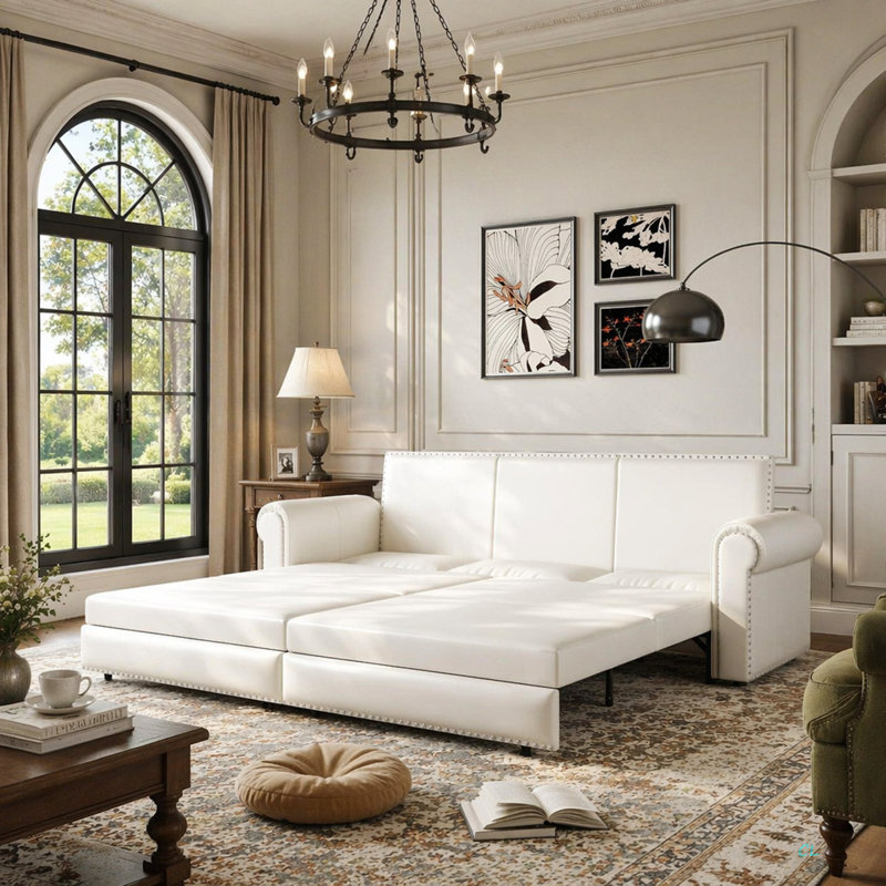 Canapé Chesterfield, canapé-lit gigogne de 93,7 po, canapé-lit convertible 3 en 1 en similicuir avec garniture cloutée et accoudoirs roulés, canapé-lit multifonctionnel pour le salon, la chambre à coucher