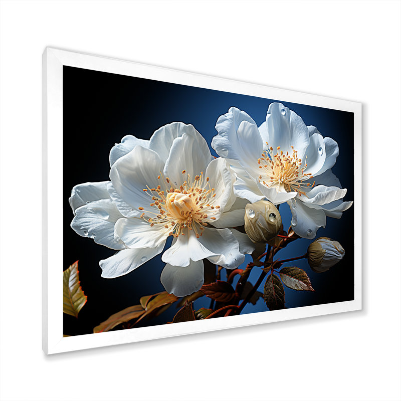 Fleurs transparentes blanches et bleues - impressions murales fleurs, H 24 po x l 32 po x P 1 po, Cadre photo blanc