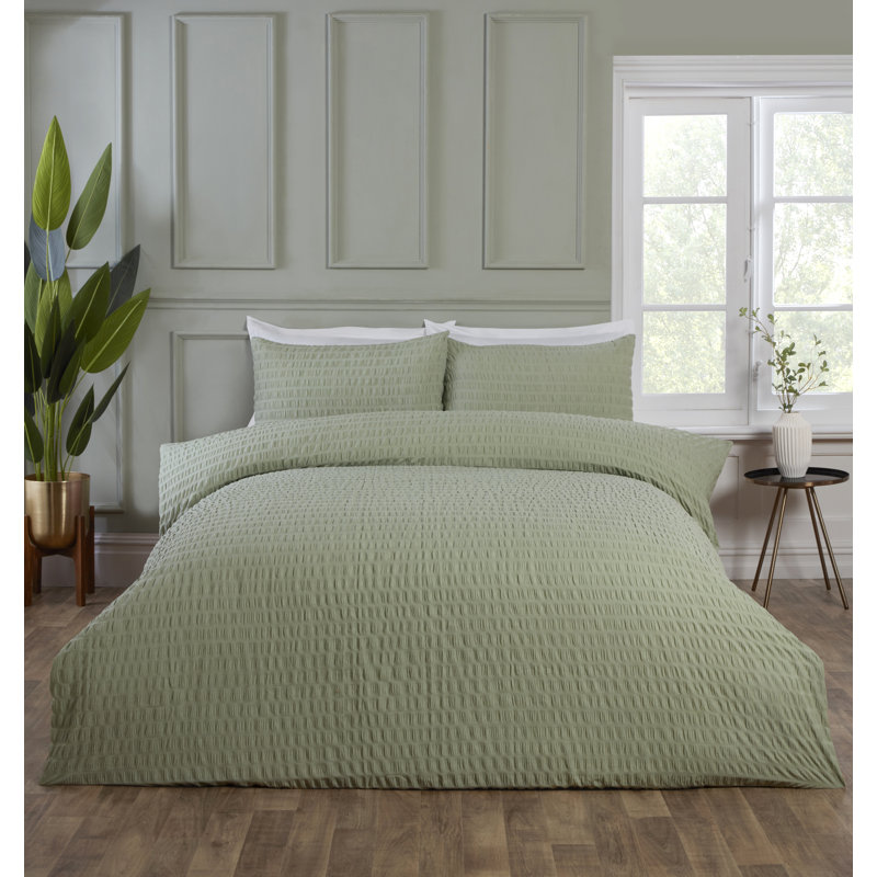 SEERSUCKER Cotton Blend Solid Colour Duvet Cover Set with Pillowcases Included, Green