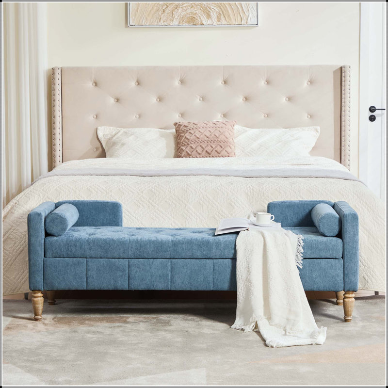 Banc de rangement en chenille 64,6 "avec design capitonné, accoudoirs et traversins, Bleu, Bleu