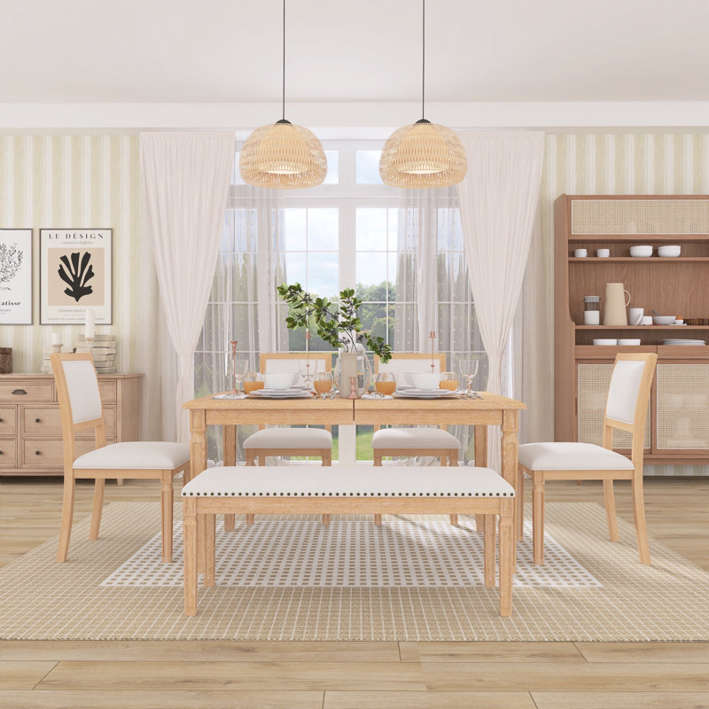 Ensemble de salle à manger vintage extensible pour 6 personnes - table, 4 chaises et banc, Beige / Naturel
