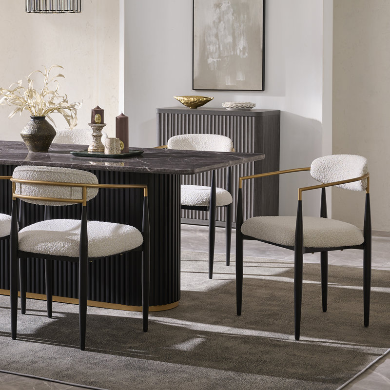 Modern Boucle Dining Chair for Kitchen, Gold Armchair , Black Boucle