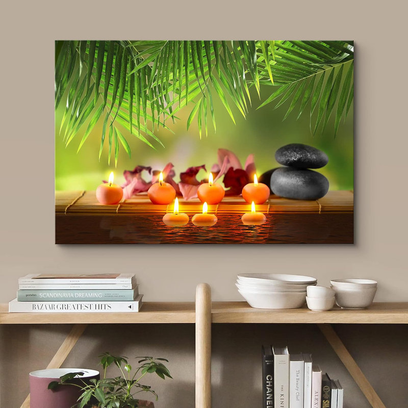 «Tropical Palm Leaf Zen Massage Stone Orchid Flowers Yoga Nature», reproduction sur toile, H 12 po x l 18 po x P 1,5 po