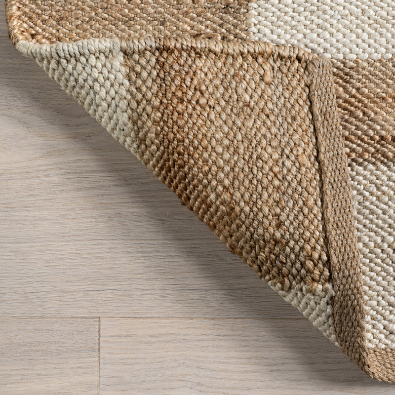 Ivory and Beige Checkered Cotton Jute Rectangular Rug
