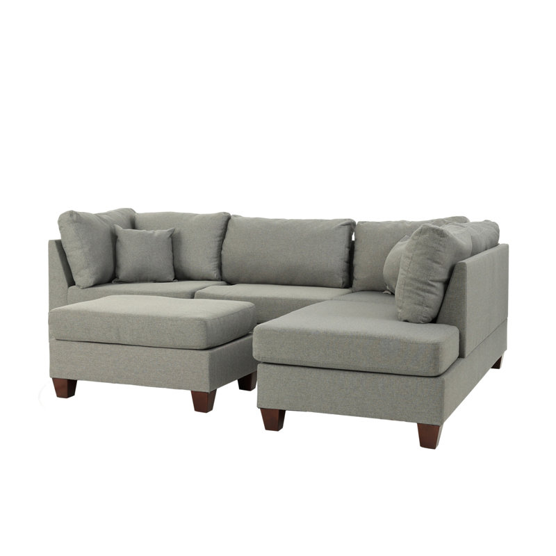 Reversible Polyfiber Sectional Sofa With Ottoman, Grey