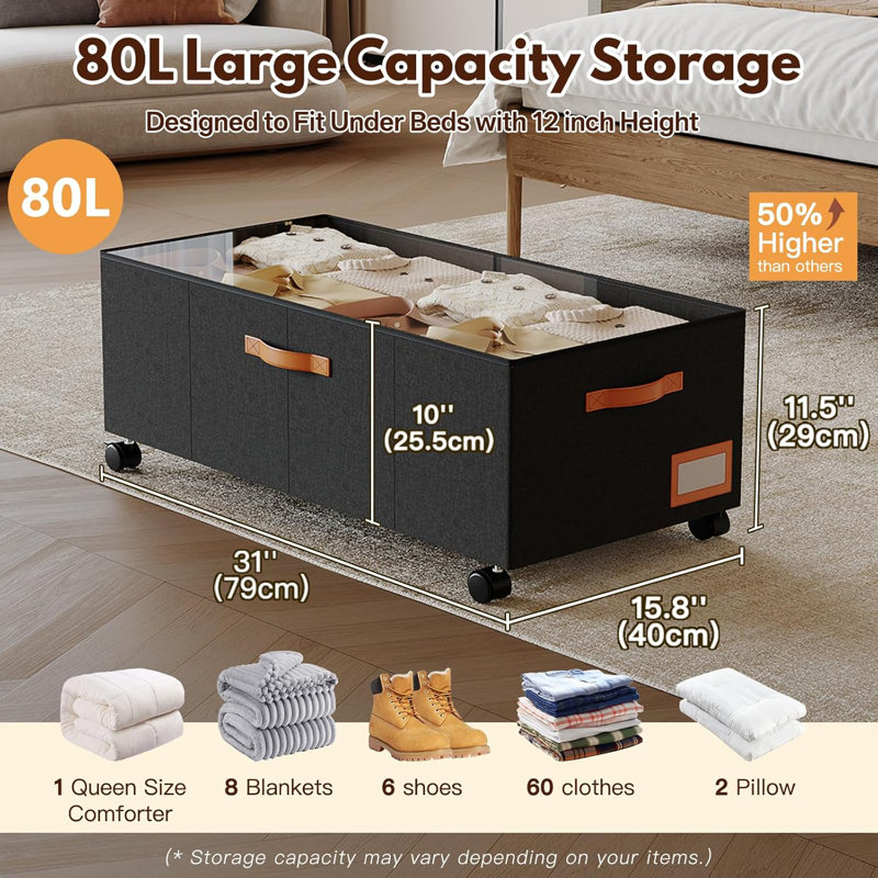 12inch Tall Under Bed Storage XXL 80L, Under Bed Storage Containers with Clear Lids