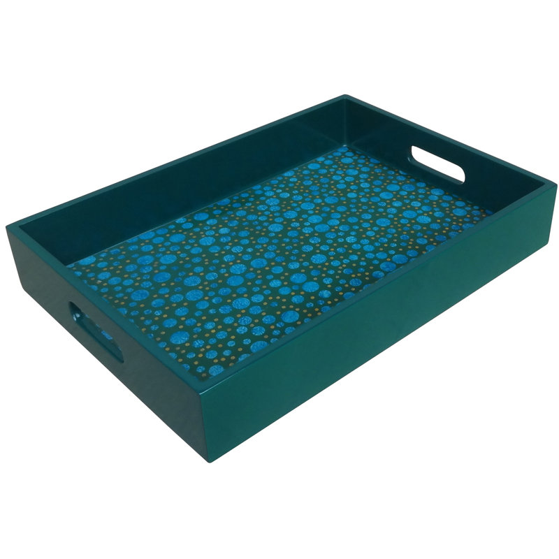 Plateau de miroir peint à la main avec poignées à pois bleus et verts, Moyenne
