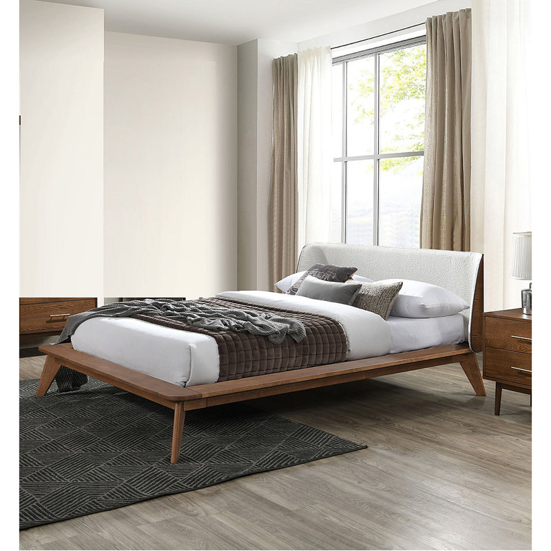 Lit 1 pièce en tissu tête de lit à oreilles, cadre de lit plateforme, prêt pour le matelas, style Mid-Century moderne