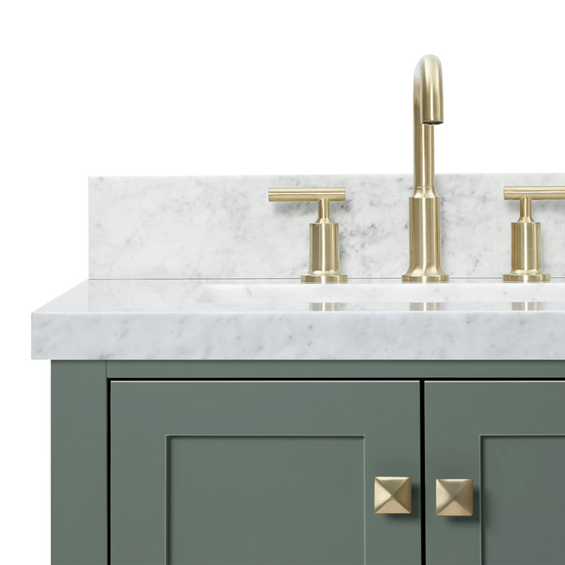 Oberle 61'' Double Bathroom Vanity with Carrara Marble Top, Vintage Green / Satin Brass, Rectangular