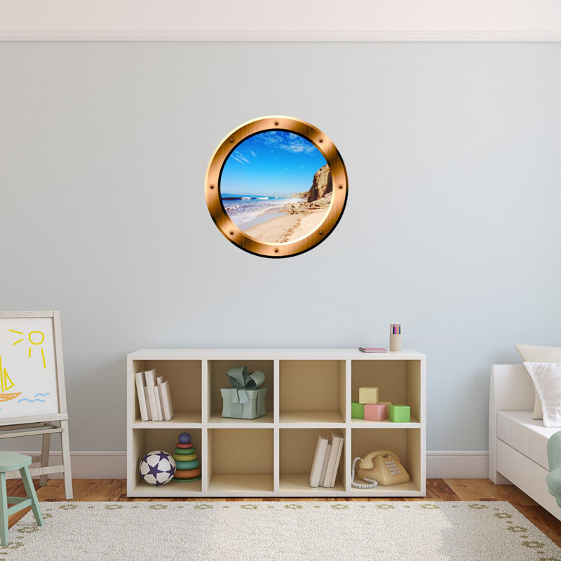 Décalcomanie murale hublot 3d ocean beach, H 14 po x l 14 po x P 0,01 po, Bronze