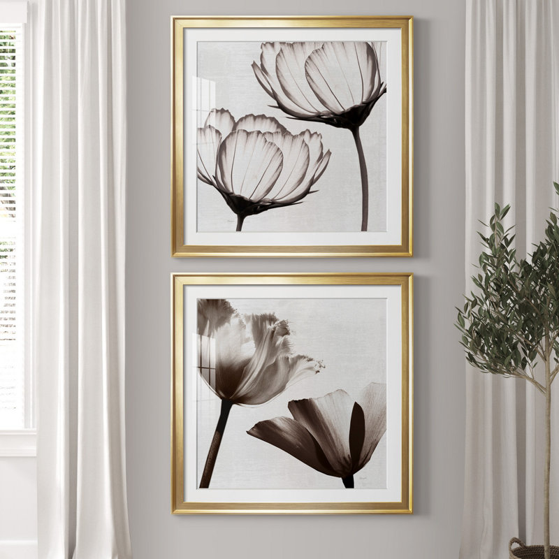 «Takes Two I», ensemble de 2 reproductions d'art encadrées, H 30,5 po x l 61 po x P 1,5 po, Papier encadré doré, Blanc