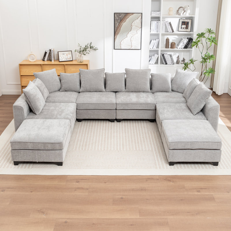 Bennett 8-piece Upholstered Comfy U-shaped Sofa Couch Reversible Chaise Sectional, Gray Chenille