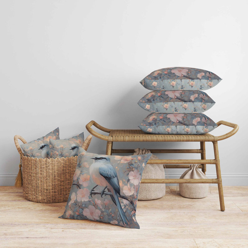 Oreiller floral en faux suède, Blue/Pink, Carré 18 po