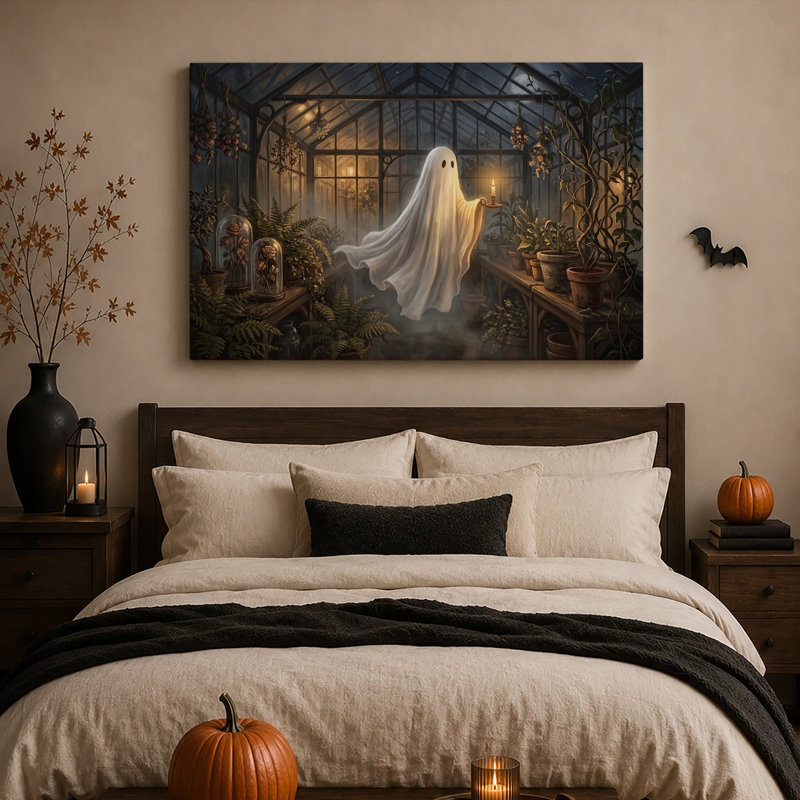 Toile fantôme tenant une bougie dans une serre en verre au clair de lune, art mural d'Halloween, 20"H x 30"W