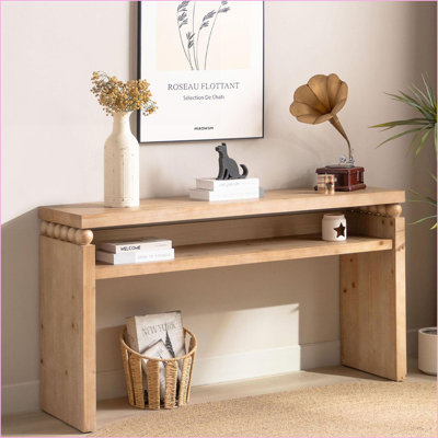 Natural Wood Rustic Farmhouse Coffee Table 59in, Space-Saving Console with Storage for Hallway/Living Room