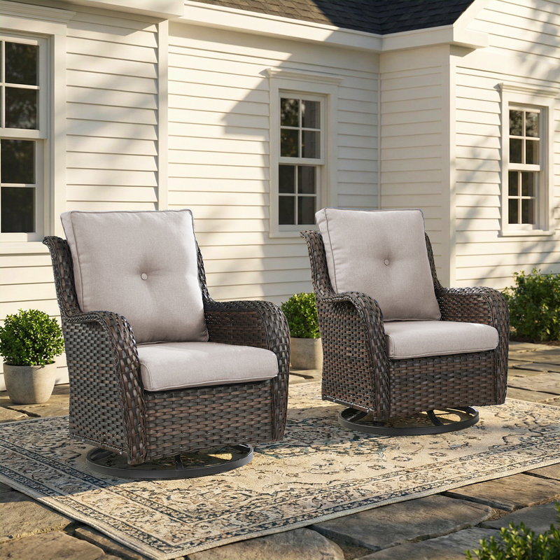 Mickala Outdoor Wicker 360 Degree Swivel Glider Rocker Chairs - Set of 2, Brown, Beige