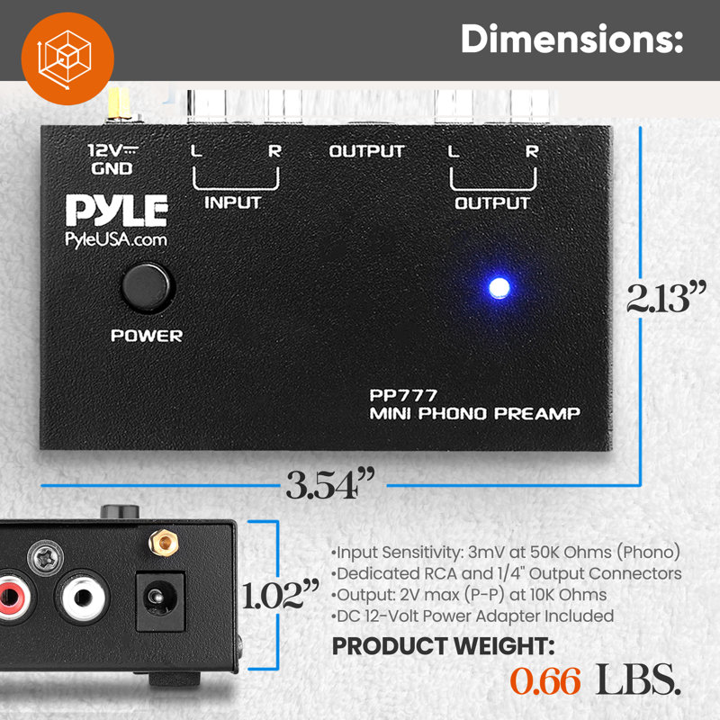 Mini préampli platine vinyle Pyle - Préamplificateur stéréo avec entrée / sortie RCA - À faible bruit - Adaptateur alimenté par courant continu 12V - Idéal pour les vinyles et les phonographes - PP777