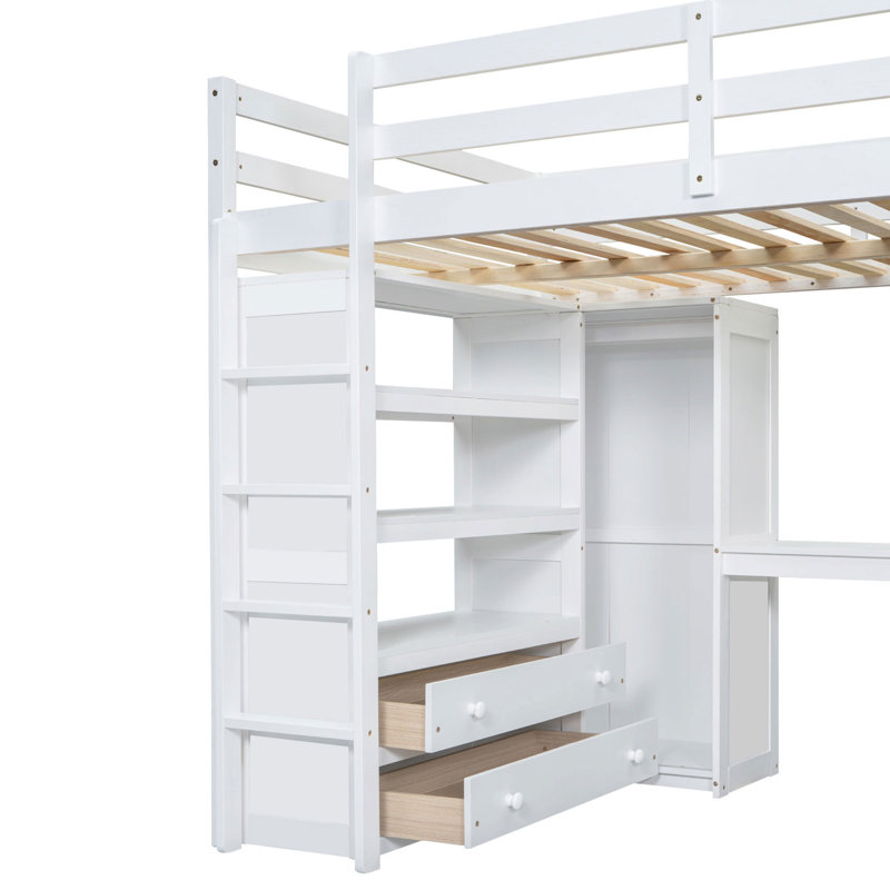 Lit mezzanine en bois peu encombrant avec rangement spacieux, blanc moderne