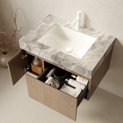 Meuble-lavabo de 30 po avec lavabo, armoire en contreplaqué flottant, comptoir en pierre frittée grise, lavabo en céramique, panneaux de bois imperméables, lavabo à l'épreuve des taches à l'intérieur, installation facile