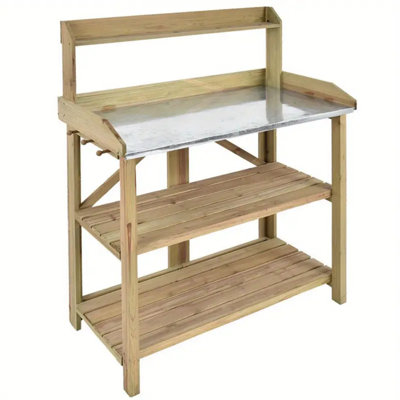 3-Tier Wooden Garden Work Bench With Metal Sheet Top - Ergonomic, Durable Outdoor Potting Station, Tool Storage & Planting Shelves, 41.5"X19.5"X48", Light Brown
