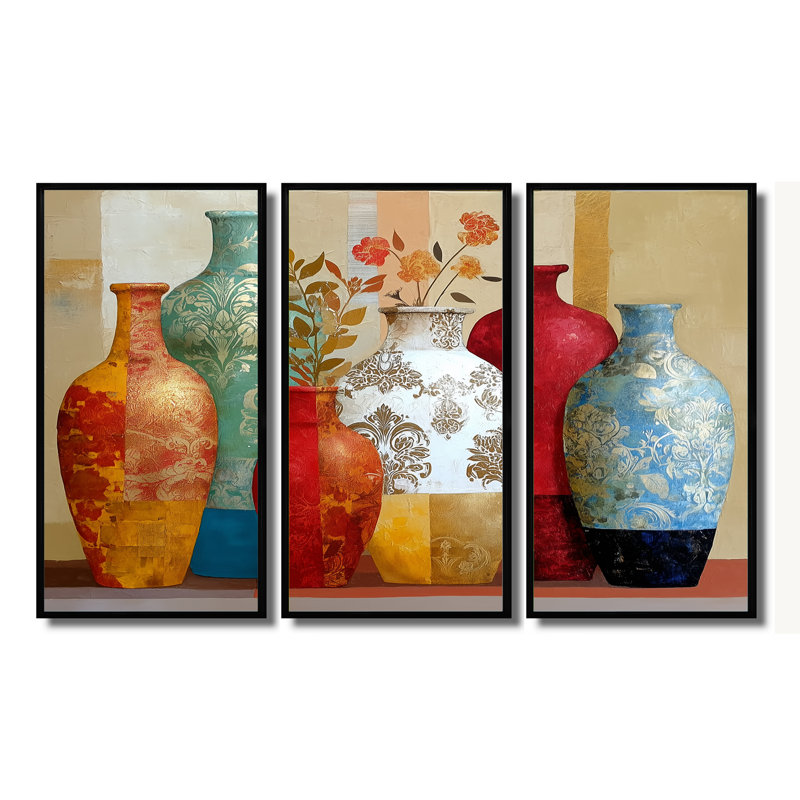 Ensemble de vases Boho Plants Moroccan, H 40 po x l 60 po, Noir, Reproduction avec cadre flottant