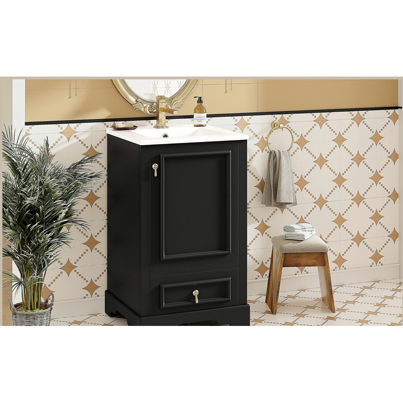 Meuble-lavabo de 20 po avec lavabo en céramique, armoire de salle de bain avec tiroir et porte, Noir