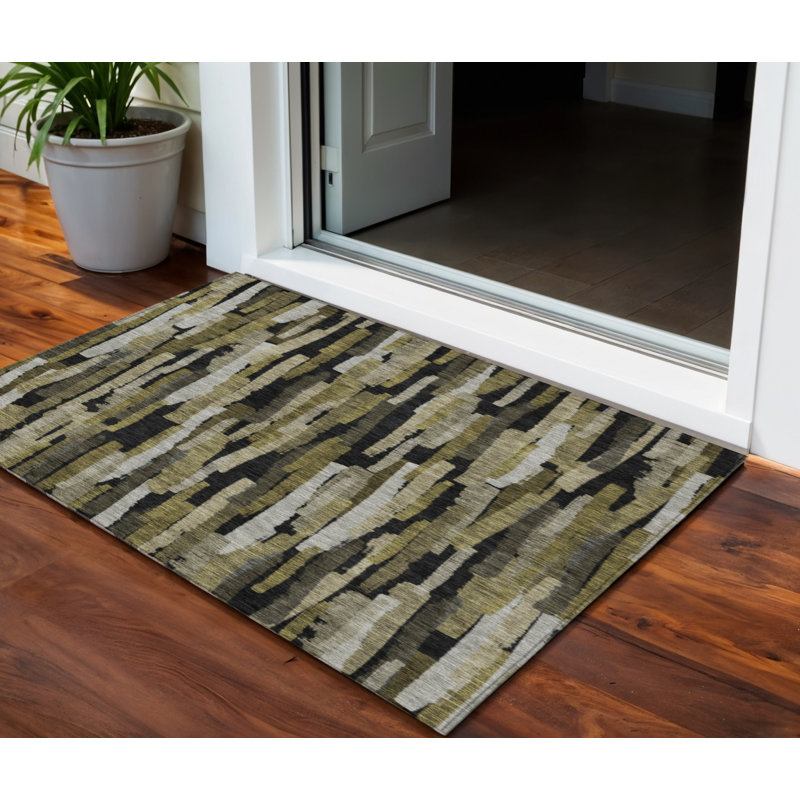 HomeRoots 3' X 5' Brown Black And Green Striped Washable Indoor Outdoor Area Rug