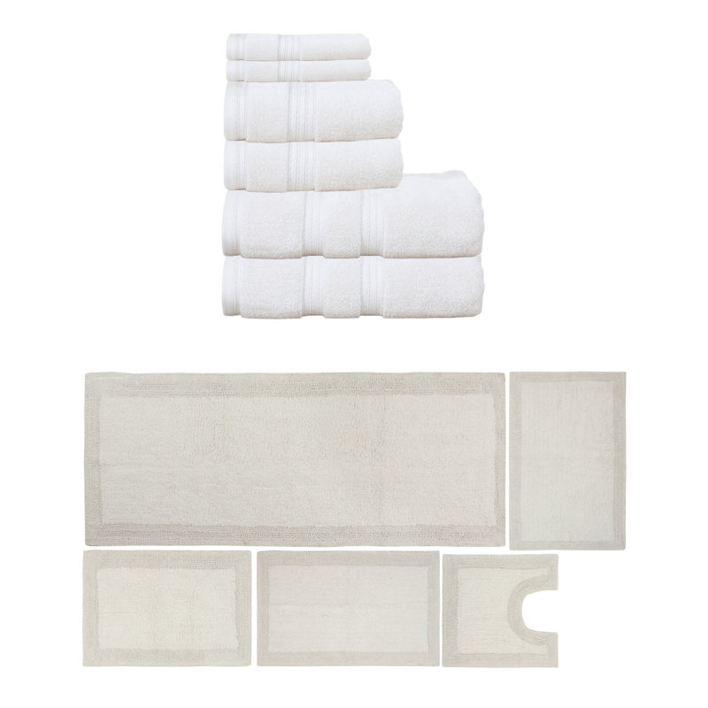 Buariki Collection 100% Soft Cotton 6 Pc Towel Set & 5 Pc Bath Rug Set, (Set of 11) Reversible, Ivory