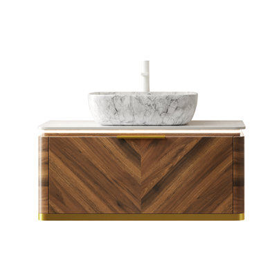 Meuble-lavabo de salle de bain 36 po avec rangement en contreplaqué flottant, lavabo vasque en marbre, plateau en pierre frittée, couleur noyer foncé, grand espace de tiroir, facile à installer, tiroir de lavabo exquis, capteur, assemblage,