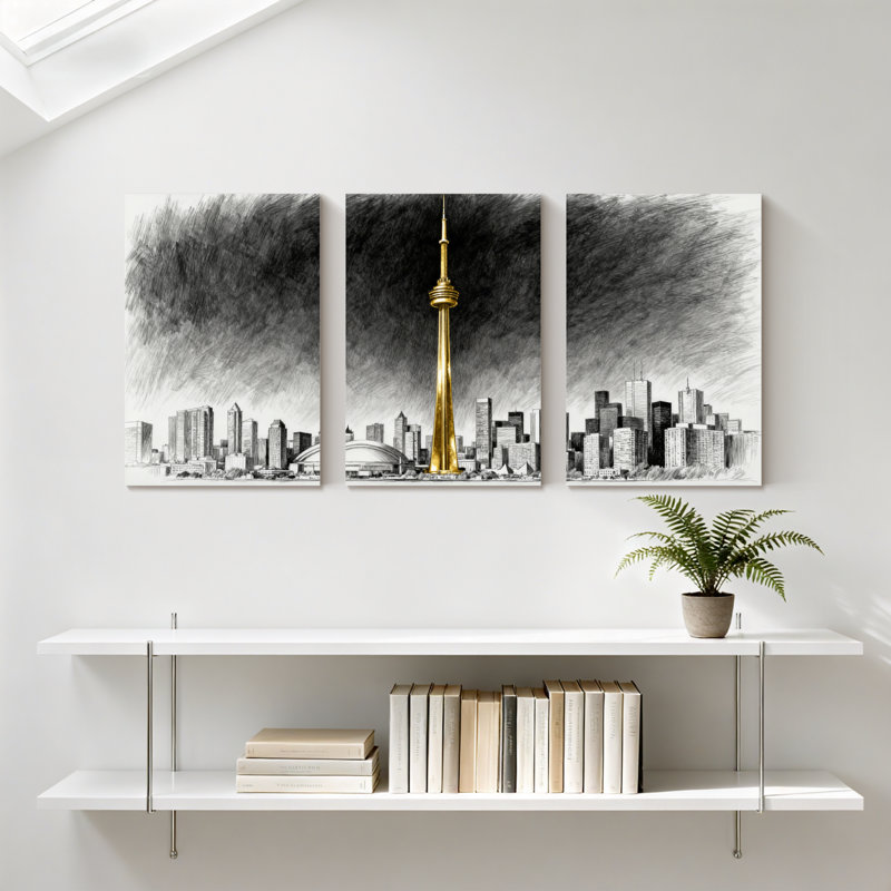 Ensemble d'illustrations murales sur toile City Skyline avec Golden Tower Reflection, H 18 po x l 36 po