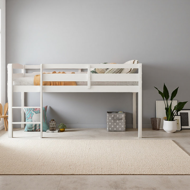 Twin Wood Loft Bed Low Loft Beds With Ladder,Twin, White