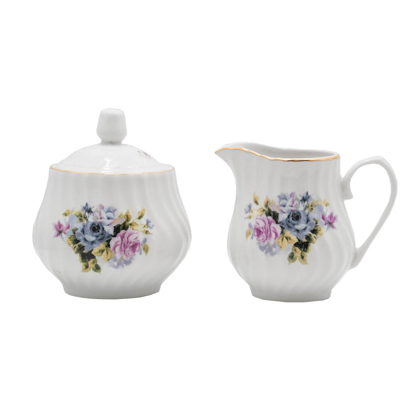 Ramsha White Porcelain Sugar Bowl with Lid & Creamer, embossed detail & 24 k gold trim 