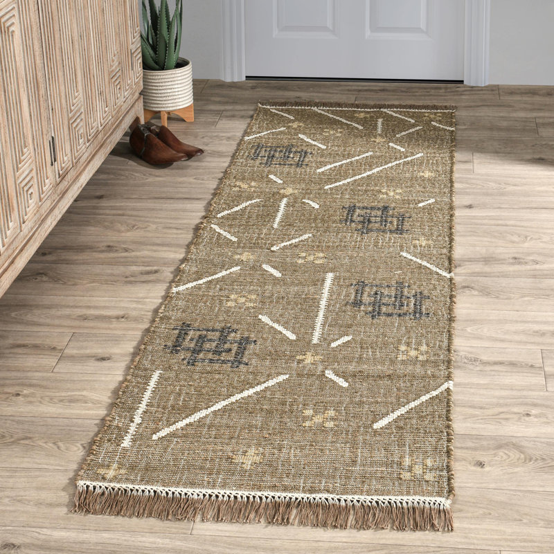 Handwoven Khaki Wool Blend Geometric Area Rug Runner