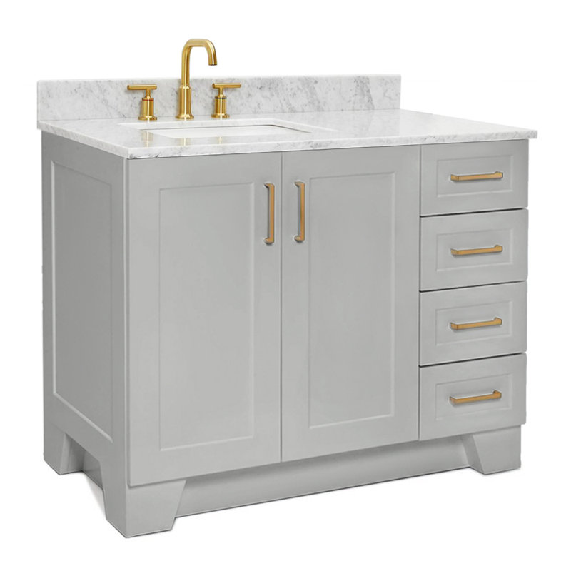 Nobe 42'' Solid Wood Single Bathroom Vanity with 0.75'' Carrara Marble Top, Gray, Left , Rectangle
