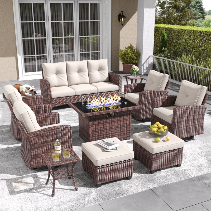 Lark Manor™ 10 Pieces Patio Furniture Set with Swivel Chairs, Rattan Wicker Rocking Glide Chairs with 44" Propane Gas Fire Pit Table Conversation Set